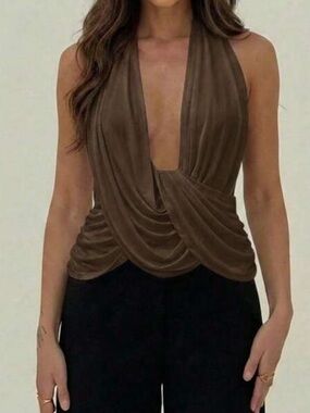 Brown Draped Halter Top - Women